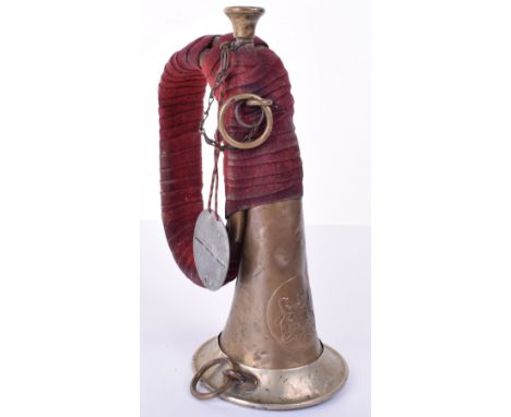 Wurttemberg Bugle and Original Owners Identity Disc, an unusual combination of a brass bugle, wrapped in red cloth. Wurttembe