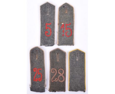 5x M.15 Single Field Grey Tunic Shoulder Boards, including a yellow piped example without any numerals to centre, white piped