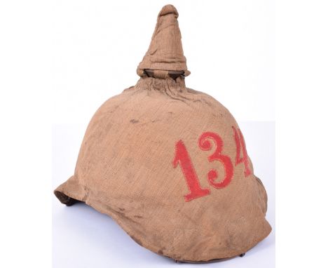 Saxon Infantry Other Ranks Pickelhaube with Original Pre-War Field Cover, leather skull, slight congealing to the front and b