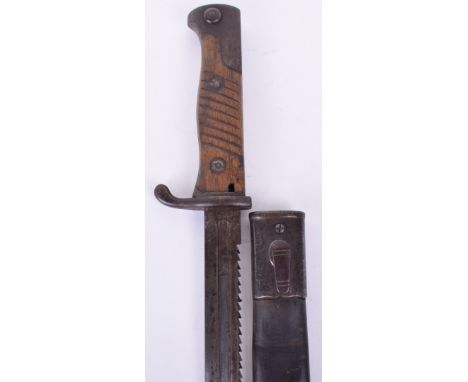 Mauser Model 98 Saw Back Bayonet, with excellent condition saw back blade, maker marked crown over ‘Erfurt’  over ‘W 02’ foll