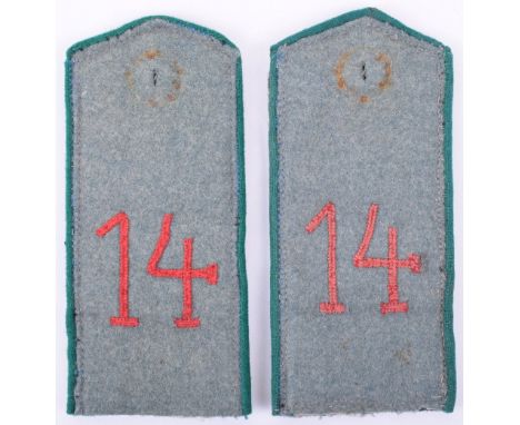 Matched Pair of Regiment 14 M.07 Field Grey Tunic Shoulder Boards, green piped examples with red chain stitched numerals to t