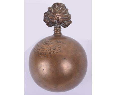 Trench Art Ball Lighter, a heavy brass lighter measuring 9cms across with engraving ‘Made from metal fittings on the engine o