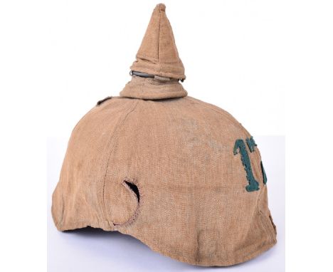 Prussian Other Ranks Pickelhaube with Original Trench Cover, superb condition all black leather pickelhaube with the Prussian