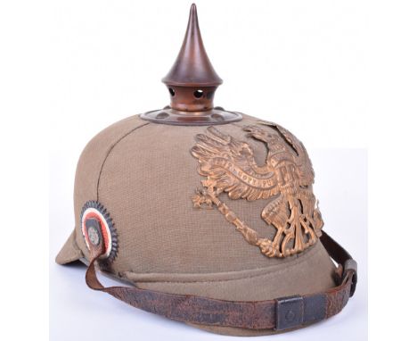 Prussian Other Ranks Cork Bodied Cotton Drill Covered Pickelhaube Helmet, complete with Prussian state helmet plate, all bras