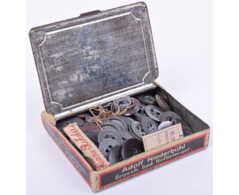 German Sewing Kit Tin, attractive tin box comprising needles, cotton and buttons for the German Army soldier. Featured in Fel