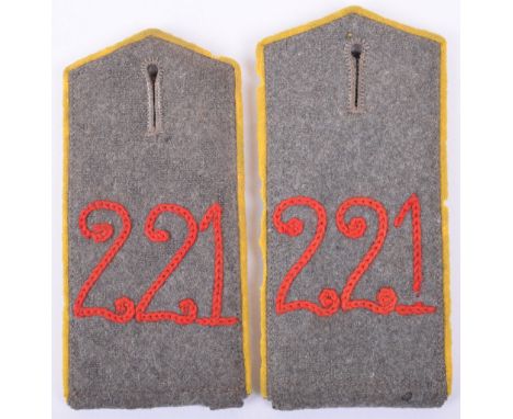 Pair of M.07 Regiment 221 Field Grey Tunic Shoulder Boards, being yellow piped examples with red chain stitched 221 to the ce