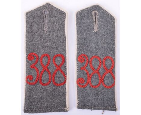 Near Matched Pair of Regiment 388 M.15 Field Grey Tunic Shoulder Boards, white piped examples with red chain stitched numbers