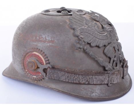 Prussian Enlisted Mans All One-Piece Tin Pickelhaube, a highly interesting helmet painted in olive drab with Prussian front p