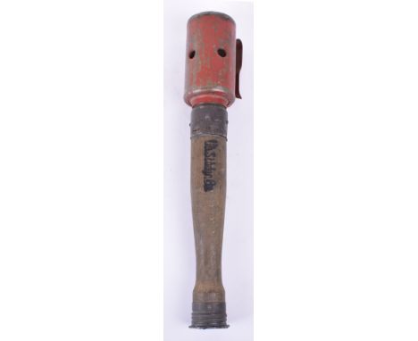 Training Stick Grenade, the red headed pierced training head on its standard wood haft with details 5 ½ sekunden, complete wi