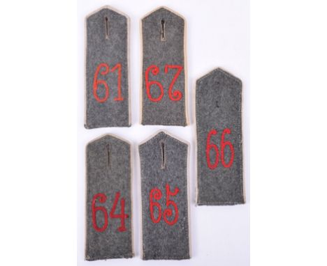5x M.15 Single Field Grey Tunic Shoulder Boards, all being white piped examples with red chain stitched numerals to the centr