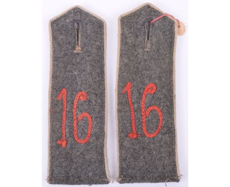 Near Matched Pair of Regiment 16 M.15 Field Grey Tunic Shoulder Boards, white piped examples with red chain stitched numbers 