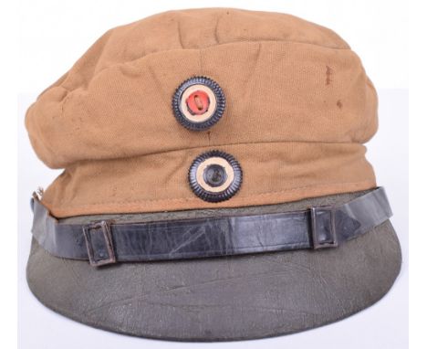 M.17 Prussian Drivers Cap for Balkan or Tropical Use, tan canvas crown with olive green all leather crushable front peak. Sta