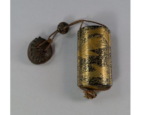 A Japanese lacquer and gilded five section inro, Meiji Period, 19th century, decorated to the cover with bundles of bamboo le
