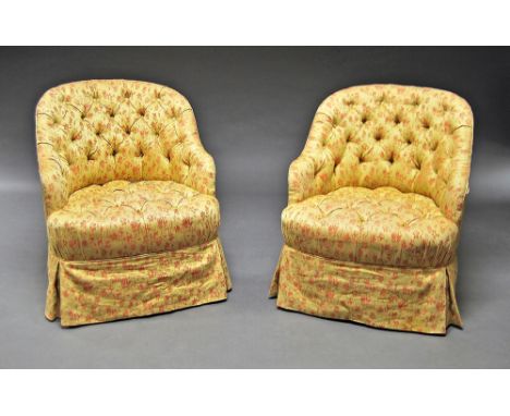 A pair of Victorian button back chairs, floral upholstery, raised on turned feet, (2)