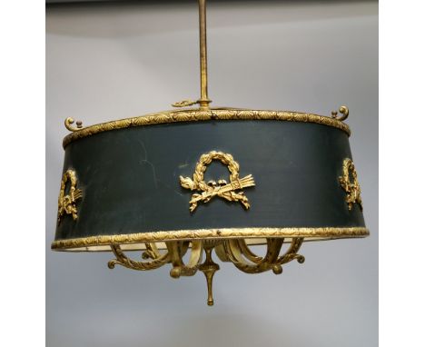 A French gilt brass six light chandelier, 20th Century, the shade decorated with quiver and torch motifs in second Empire sty