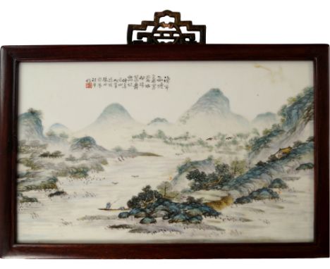 Attributed to Wang Yeting, Chinese, (1884-1942) A Chinese porcelain plaque painted with a mountainous landscape, with two men