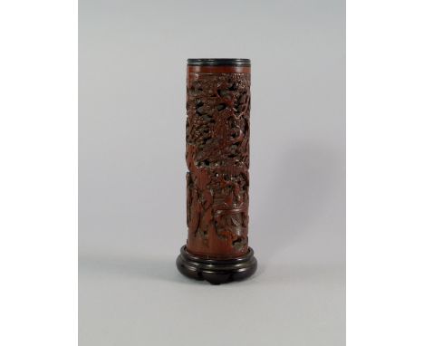 AMENDMENT: THIS POT IS 18TH CENTURY, ESTIMATE £2000-3000- A Chinese bamboo pierced brush pot, late 19th/early 20th century, p
