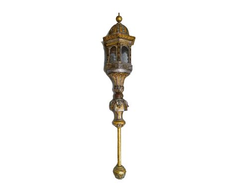 An Italian gilt and silvered wood Gondolier's light, 19th/20th century, with ball finial, domed cupola, glazed section with s