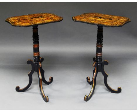 A pair of rectangular shaped tables, 20th century, decorated with imitation pen work in the Regency taste, on Japanned tripod