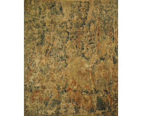 A Flemish tapestry, 17th/ 18th Century with a scene of huntsmen before a wooded landscape and a lion savaging a deer in the f