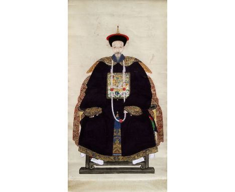 A Chinese portrait of the Emperor Kangxi, 19th century, seated on a chair wearing a dragon robe and rank badge, gouache on xu