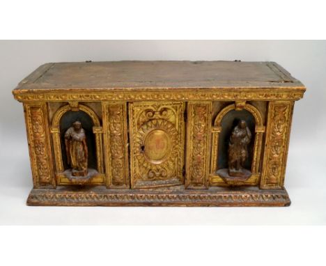 A Southern European giltwood and painted cabinet, possibly Italian, 17th/18th century, carved with central door, flanked by f