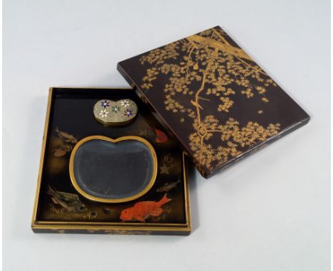 A Japanese gilded lacquer writing box, Suzuribaku, Meiji Period, 19th century, of square form decorated to the exterior with 