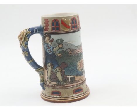 Mettach decorated tankard with lion handle. UK P&amp;P Group 2 (£20+VAT for the first lot and £4+VAT for subsequent lots) 