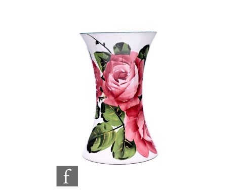 A Wemyss Ware Cabbage Rose pattern vase, of waisted cylinder form, painted marks to base, height 16cm.