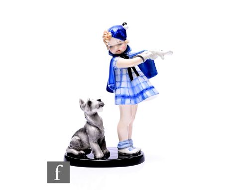 Germaine Bouret and Stephen Dakon for Goldscheider, an Art Deco figure 'Girl and Dog, circa 1938, modelled as a young girl in