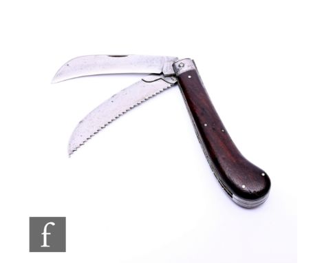 A late 19th to early 20th Century two blade pruning knife by Underwood of London, with an 11cm flat bottom blade and a saw, w