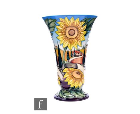 Sian Leeper for Moorcroft Pottery, a 'White Road to Tuscany' Trial vase, circa 2006, of footed trumpet form, tube line decora