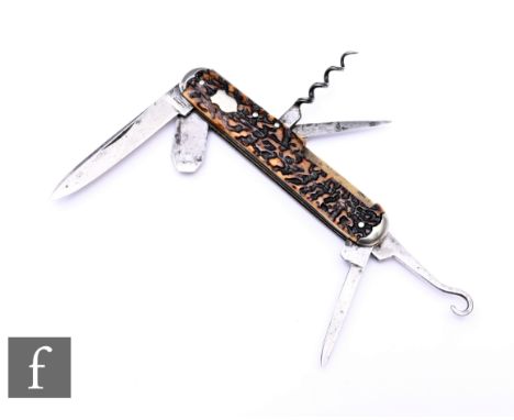 A 19th Century J. Lawson (70 Argyle Street) multi tool pocket knife with stag horn scales and nickel plated bolsters, with tw