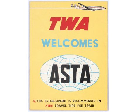 Set of four original vintage point of sale items issued for TWA representative offices in Spain.  1. Original vintage table p
