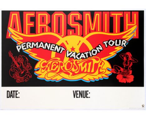 Original vintage music concert poster for Aerosmiths Permanent Vacation Tour in 1988. Illustration shows an Aerosmith logo wi