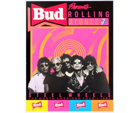 Original vintage advertising poster sponsered by Budweiser, promoting the 1989 Rollings Stones tour for Steel Wheel. Design f