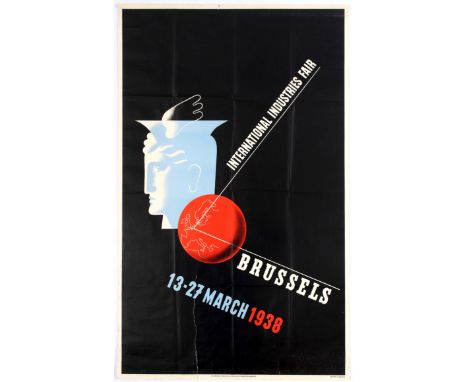 Original vintage advertising poster for the International Industries Fair in Brussels 1938. Fair condition, large tears, pape