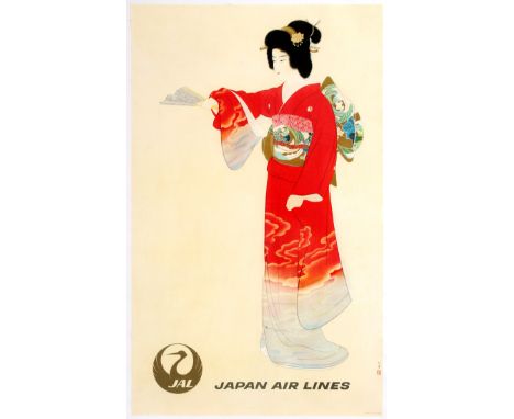 Original vintage advertising poster promoting Japanese Airline, JAL. Illustration features a picture of a Geisha above the ai