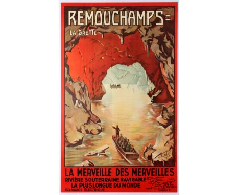 Original vintage advertising poster dating from 1923 promoting the famous caves of Remouchamps In Belgium. The picture shows 