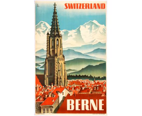 Original vintage travel poster promoting Bern in Switzerland. Bern, the capital city of Switzerland, is built around a crook 