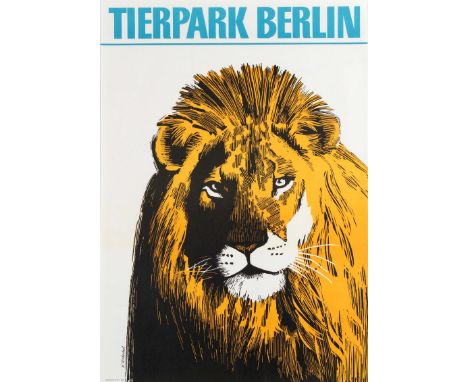Original vintage travel advertising poster for the Berlin Zoo (Tierpark Berlin; founded 1955) featuring a great stylised illu