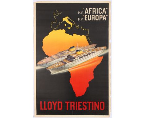 Original vintage travel advertising poster  for Lloyd Triestino trips to Africa and Europe. Italia Marittima S.p.A., from 191