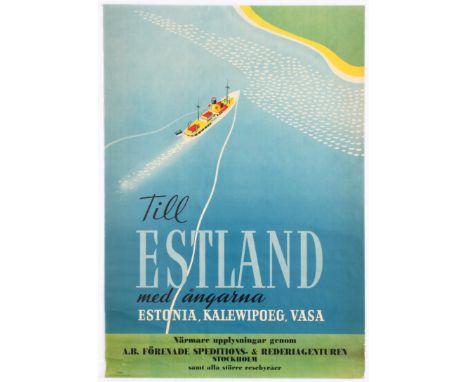 Original vintage travel advertising poster - To Estonia - featuring a colourful ferry boat sailing on clear blue water toward