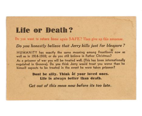 Original vintage airborne leaflet propaganda flyer issued by the Nazi Germany to be dropped over the British troops, it is ti