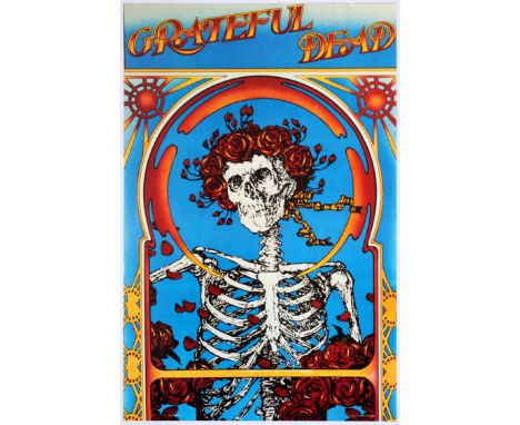Original vintage music poster promoting The Grateful Dead and their Skulls and Roses album/tour. Illustration shows the Skull