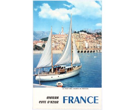 Original vintage travel poster for the French Riviera and Cote D'Azur. Photograph depicts sailing boat the marina - Le port d