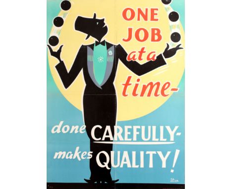 Original vintage motivational poster: One job at a time - done carefully - makes quality! Colourful and fun design featuring 