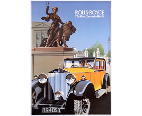 Original vintage advertising poster for the Rolls Royce Phantom II. IIlustration shows a yellow Phantom II driving past a Buc