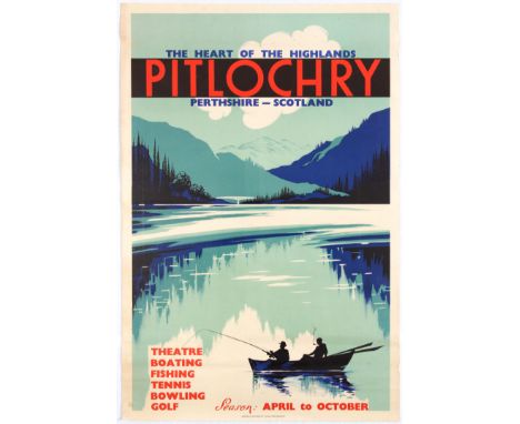 Original vintage travel poster promoting Pitlochry in Perthshire, Scotland, known as the heart of the highlands. Below are di