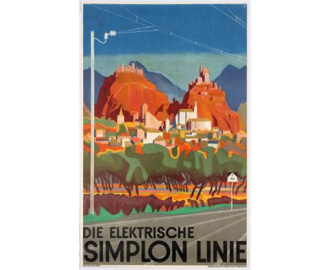 Original vintage travel poster promoting the electrified Swiss Simplon line - Die Elektrische Simplon Linie. Illustration by 